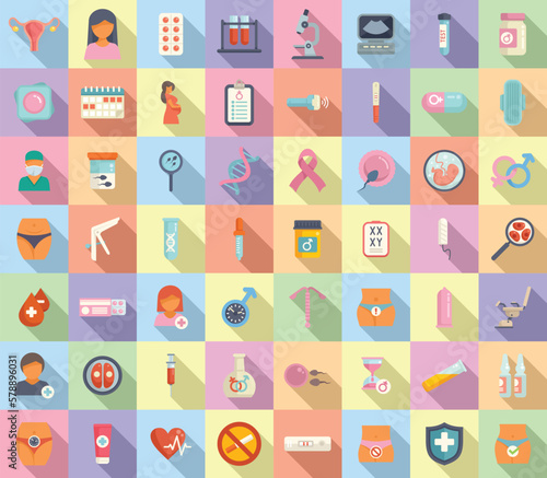 Reproductive health icons set flat vector. Menopause health. Woman infection