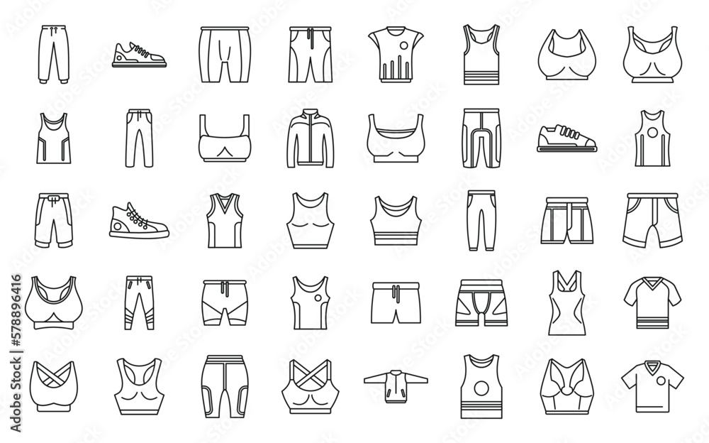 Workout fashion icons set outline vector. Athlete body. Wear sport Workout fashion icons set outline vector. Athlete body. Wear sport
