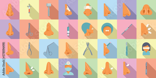 Rhinoplasty icons set flat vector. Human nose. Woman anatomy