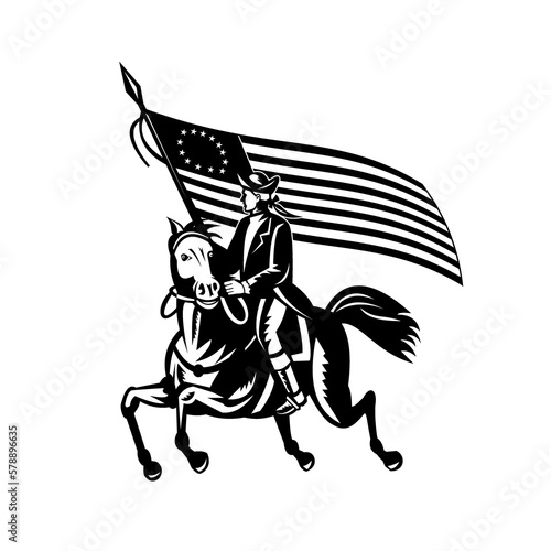 American Patriot Revolutionary General on Horseback  With Betsy Rose Flag Retro Black and White
