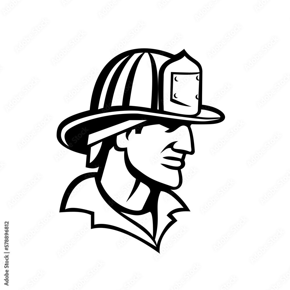 Head of American Firefighter Fireman Looking Side Mascot Black and White Head of American Firefighter Fireman Looking Side Mascot Black and White