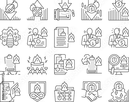 crisis management risk strategy icons set vector