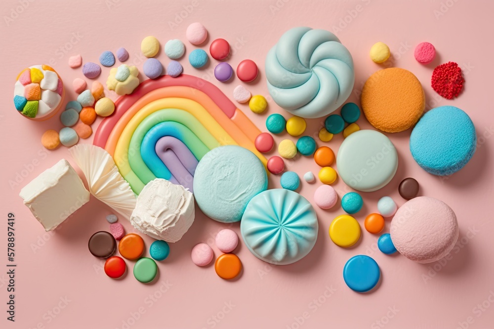 candy in a rainbow of colors on a soft pink background. notion of sweet candies. Generative AI