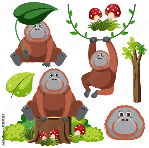 Set of orangutan cartoon character