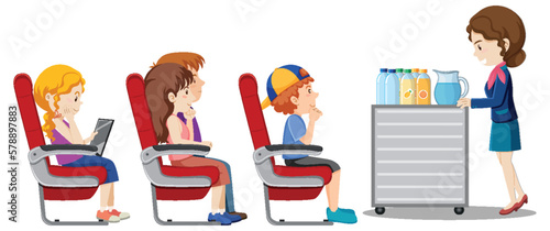 Flight attendant with passenger on plane