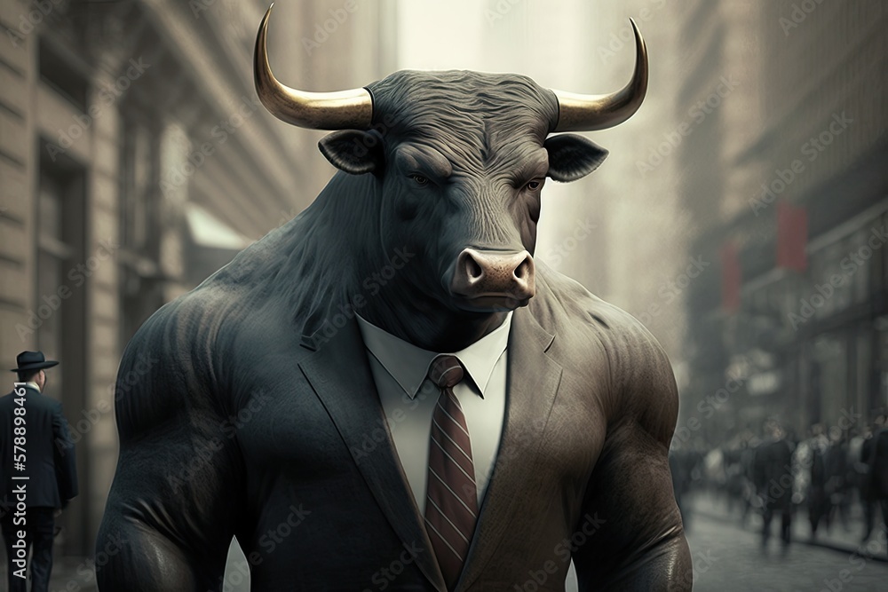 The Wall Street Bull is an iconic symbol of Wall Street, shown as a humanoid bull in a tailored