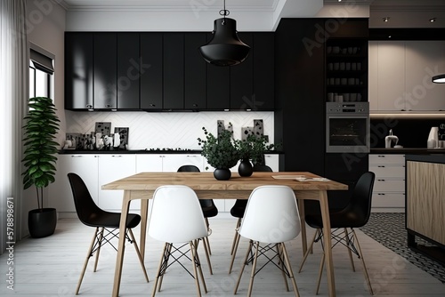 With a sleek, contemporary aesthetic, this white and black kitchen features a chic wood table, chairs, and other furnishings. Generative AI