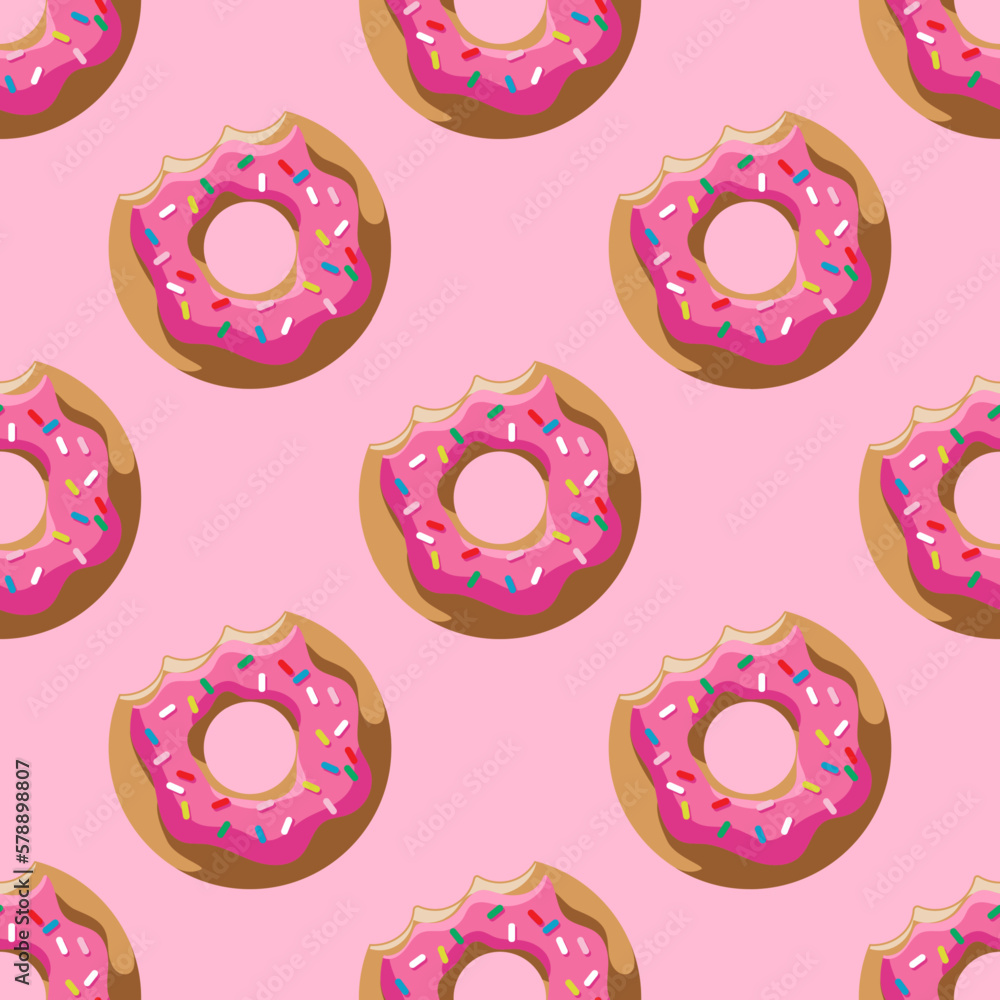 A pattern of bitten donuts on a pink background in cartoon style for print and design. Vector illustration. A pattern of bitten donuts on a pink background in cartoon style for print and design. Vector illustration.