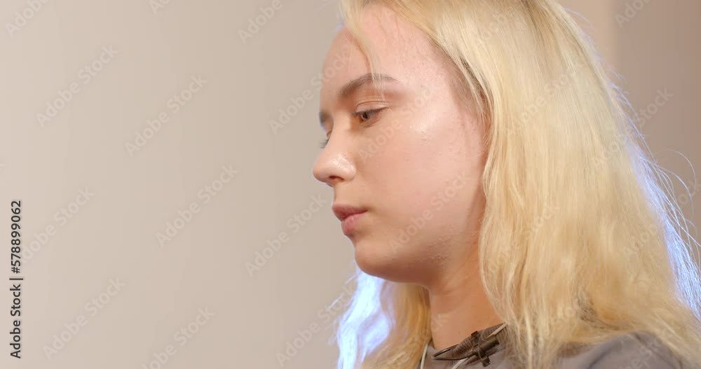 Close up portrait young girl talking about ADHD, anxiety problem on appointment with psychotherapist. Behavior problems are commonly diagnosed mental disorders in youth. Close up portrait young girl talking about ADHD, anxiety problem on appointment with psychotherapist. Behavior problems are commonly diagnosed mental disorders in youth.