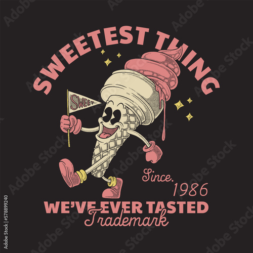 cartoon emblem of cheerful ice cream mascot with retro style
