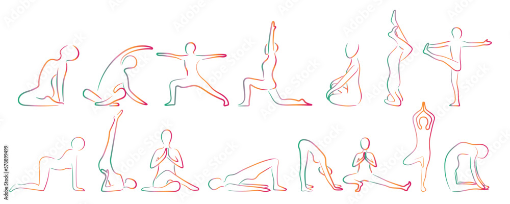 Many silhouettes of human doing yoga on white background Many silhouettes of human doing yoga on white background