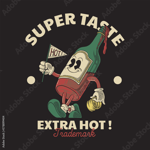 cartoon emblem of walking sauce bottle mascot with retro style