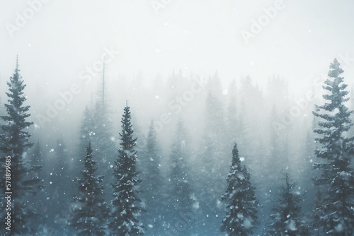 forest in winter, cold winter day in isolated snowy forest after snowfall, winter forest in the fog