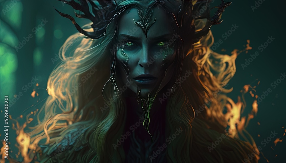 wendigo witch with long flowing hair digital art illustration, Generative AI
