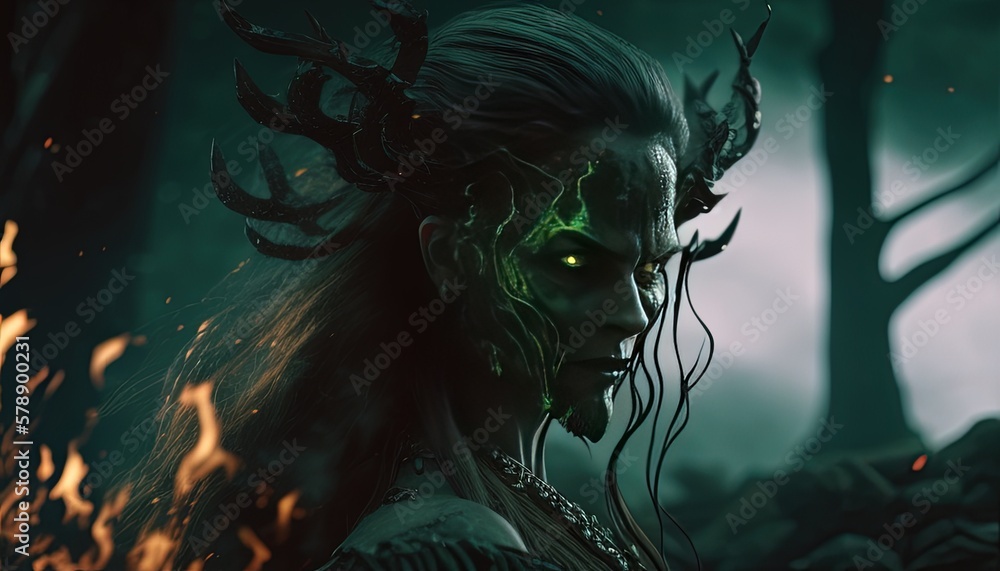 wendigo witch with long flowing hair digital art illustration, Generative AI wendigo witch with long flowing hair digital art illustration, Generative AI