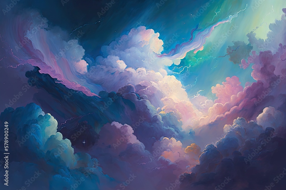 Light filled, ethereal cloudscape in shades of blue, pink, purple, green, and lilac; a celestial background banner showing the skies above. Generative AI