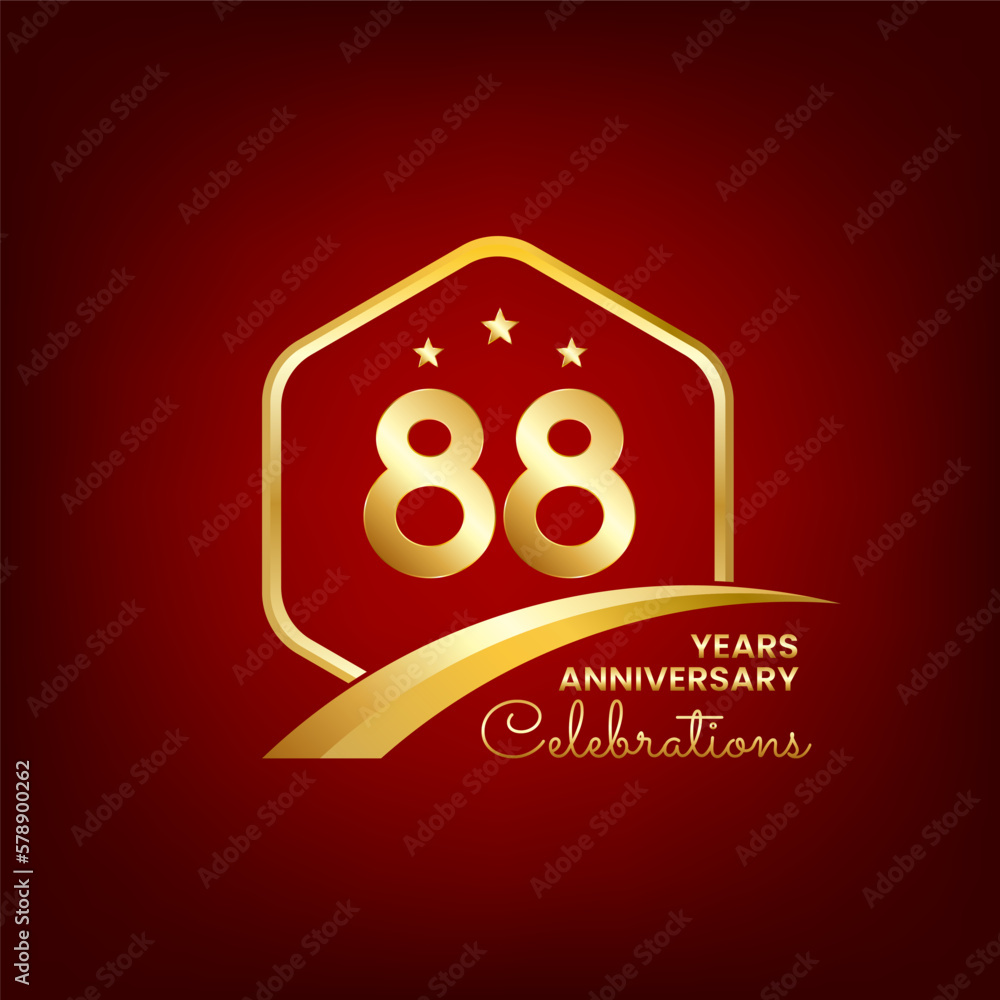 Obraz premium 88 years anniversary inside of gold hexagon and curve with red backgrounds