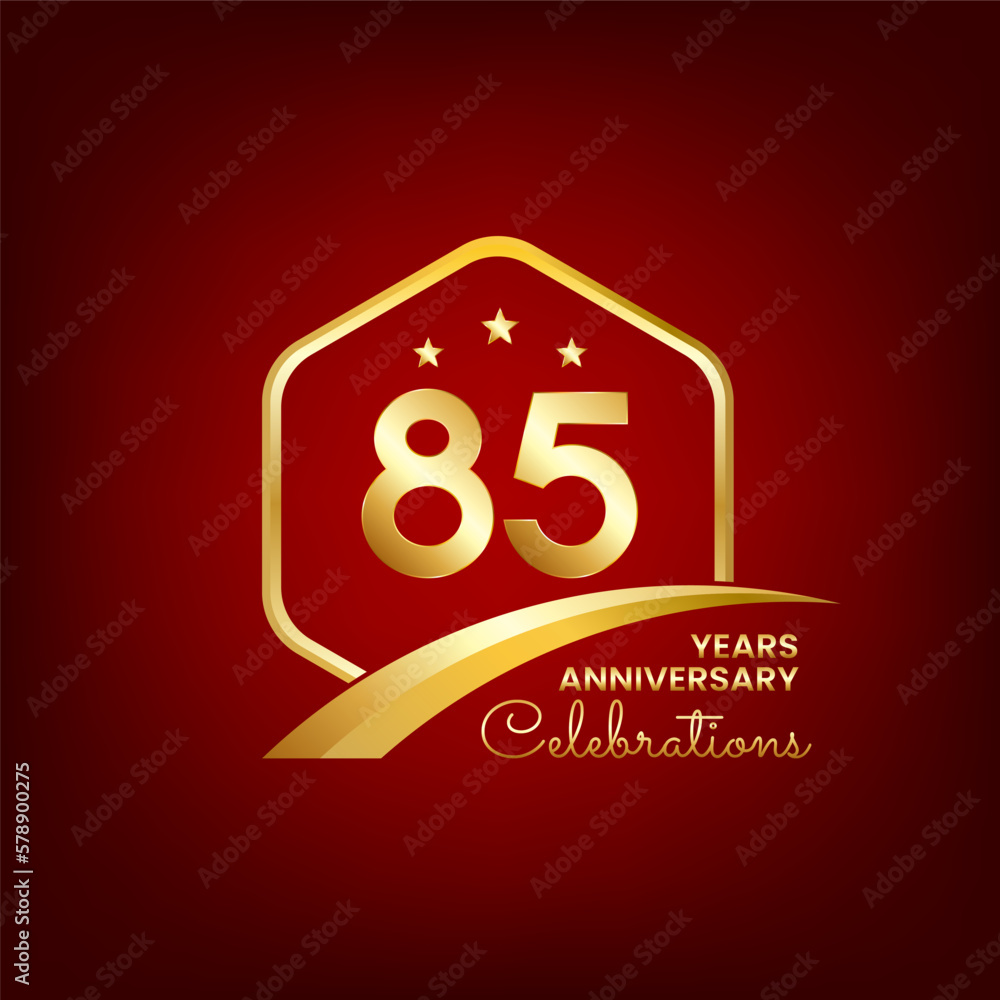 85 years anniversary inside of gold hexagon and curve with red backgrounds 85 years anniversary inside of gold hexagon and curve with red backgrounds
