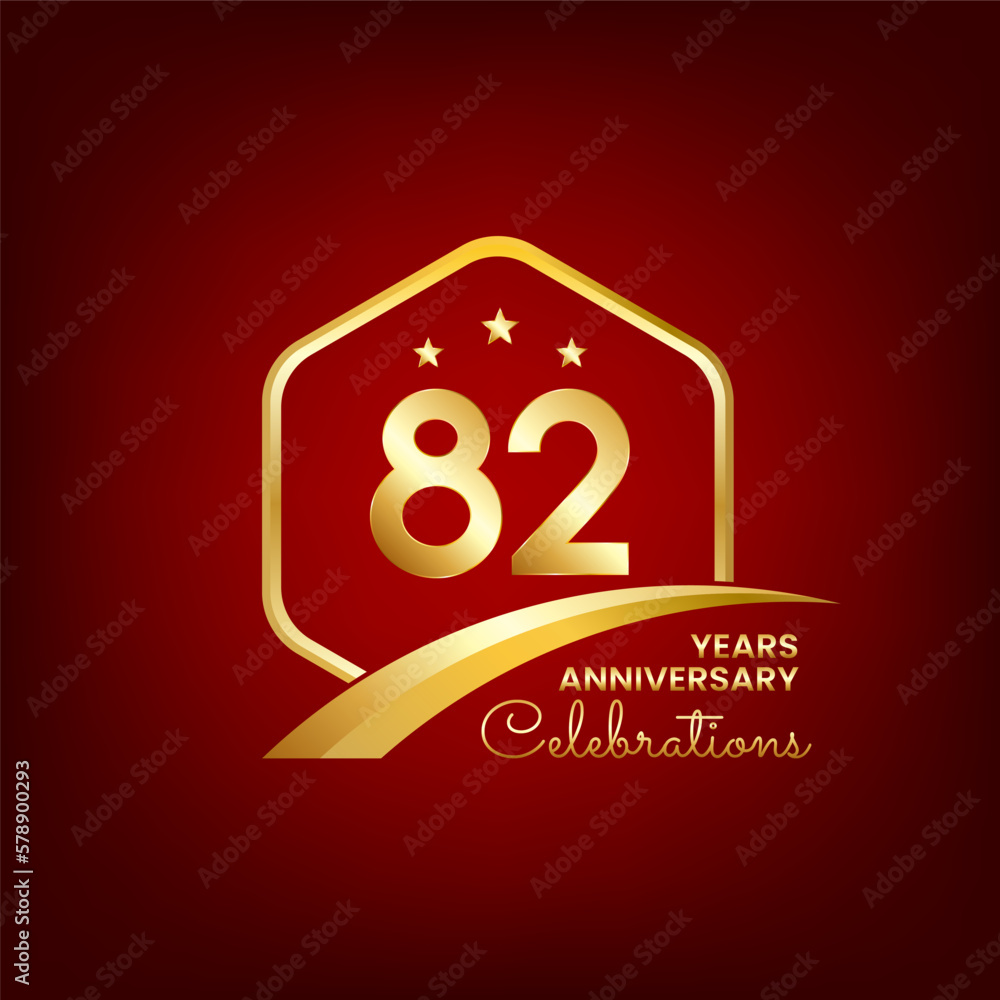 Obraz premium 82 years anniversary inside of gold hexagon and curve with red backgrounds
