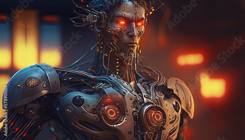 menacing steampunk cyborg digital art illustration, Generative AI