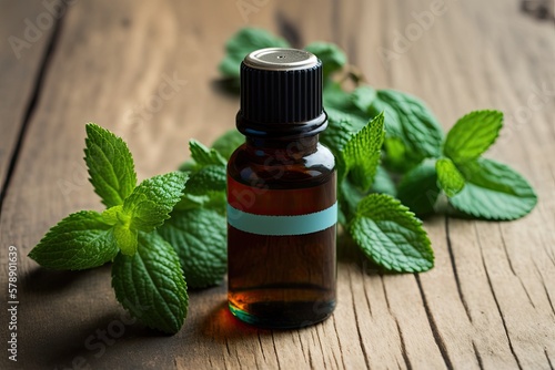 Natural mint essential oil aroma on a worn wood background. Attentional bias. Generative AI