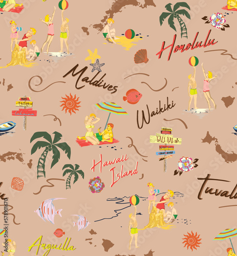 Hawaii Island Hand Draw illustration Vector Seamless Pattern Print With Palm Tree 