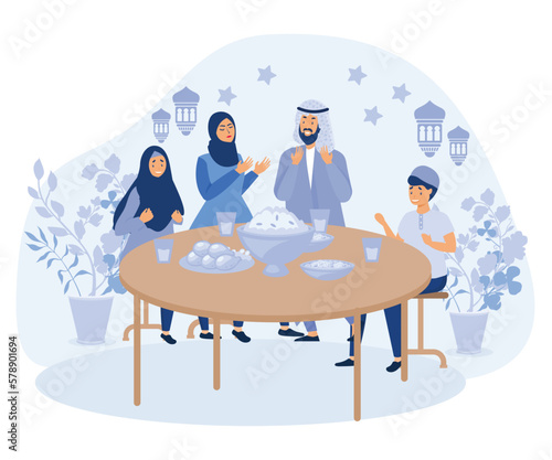 Ramadan dinner. Muslim family eating, iftar celebrating. Arab festive dishes on table, ritual greetings. After fasting, parents and kids together, flat vector modern illustration