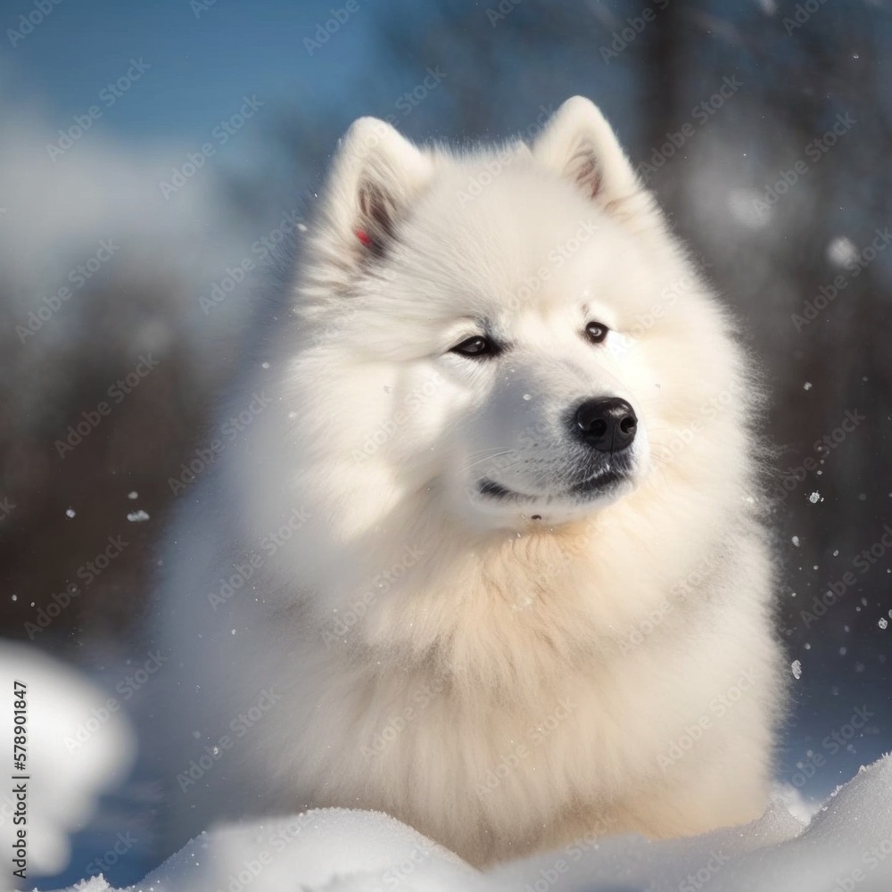 portrait happy and cute samoyed in the snow, generative ai