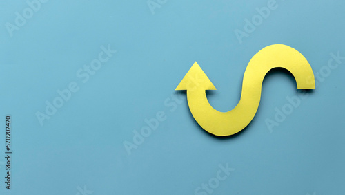 Yellow arrow pathway sign. Future life with direction or obsctacle reroute symbol. Business success concept.Banner with copy space. photo
