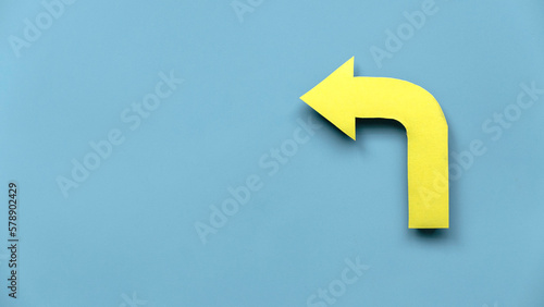 Yellow arrow pathway sign. Future life with direction or obsctacle reroute symbol. Business success concept.Banner with copy space.