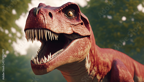 Closeup on head with sharp teeth of carnivorous dinosaur Tyrannosaurus . Prehistoric predator. Generative AI