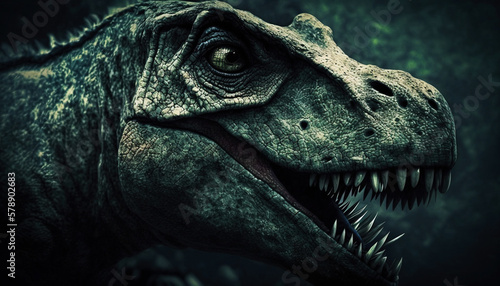 Closeup on head with sharp teeth of carnivorous dinosaur Tyrannosaurus . Prehistoric predator. Generative AI © AngrySun