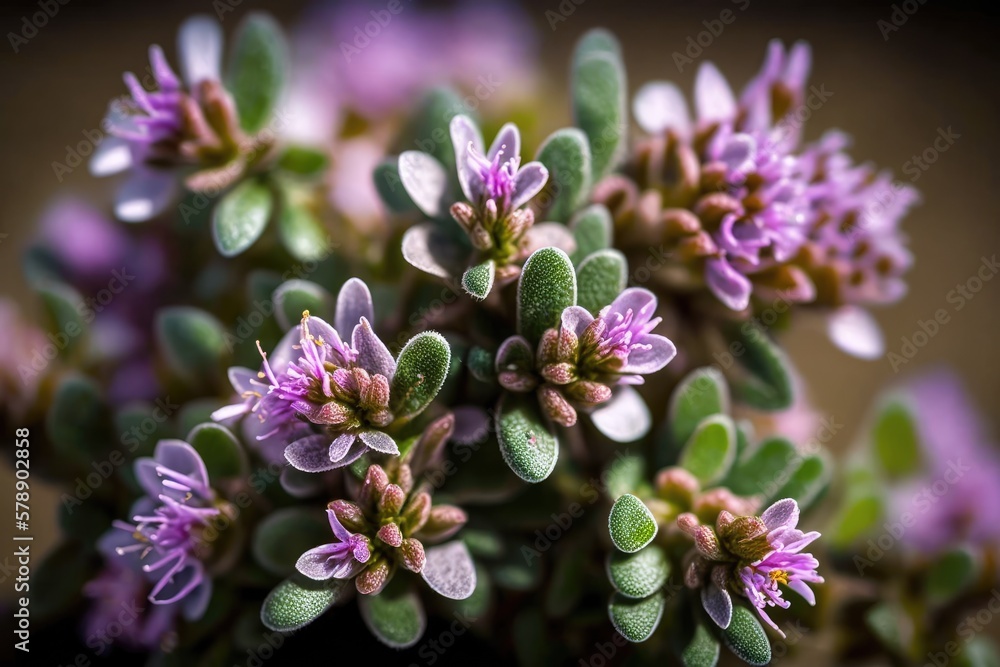 Macro photograph of Breckland thyme, or Thymus serpyllum. Flowers of