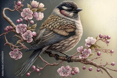 cherry blossom branch with sparrow bird, beautiful, generative ai