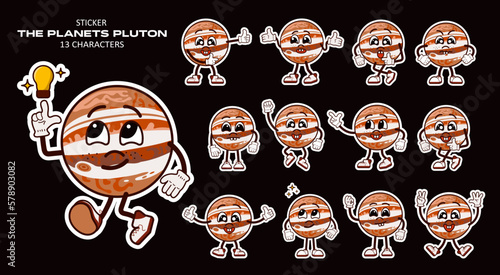 A retro cartoon character, Jupiter, a planet with gloved hands. Stickers with a cute and happy character in the style of the 90s. A set of auxiliary vectors