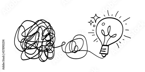 Scribble line doodles. the concept of transition from complicated to simple with bulb lamp, simplifying the complex, confusion clarity or path. isolated on white background. vector illustrations