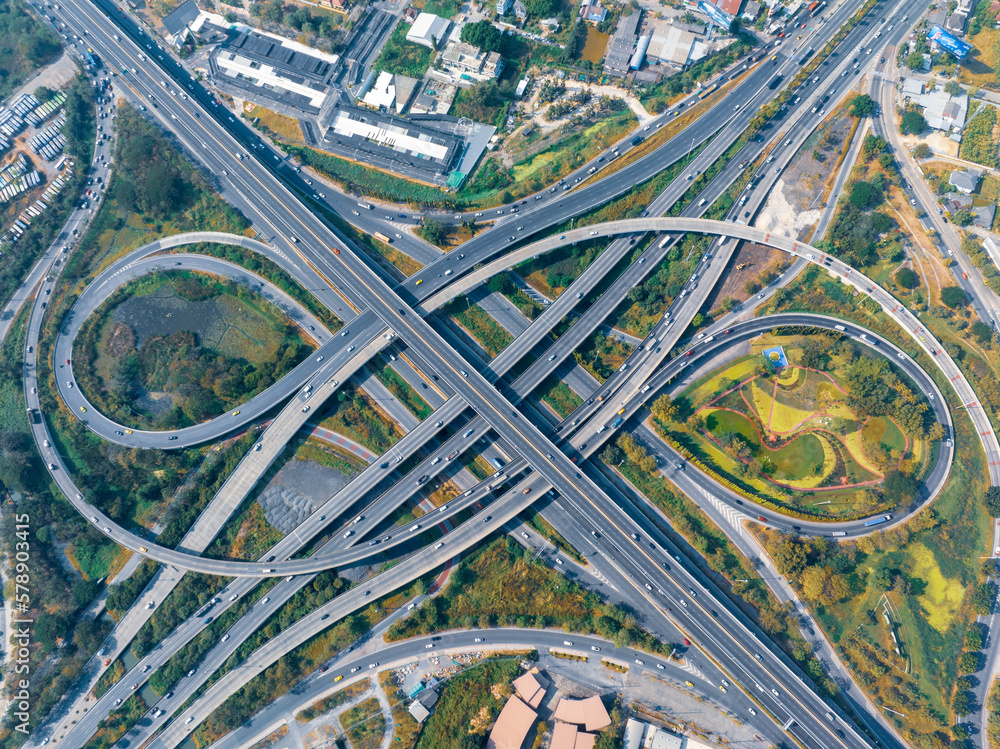 Expressway top view, Road traffic an important infrastructure, car traffic transportation above intersection road in city , aerial view cityscape of advanced innovation, financial technology	
