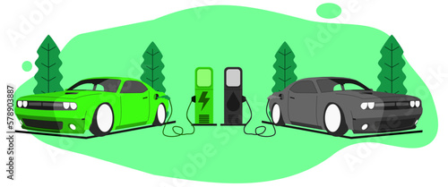 Electric car versus gasoline comparing diesel car suv. Electric vehicle charging at charger stand vs. fossil car, sport car refueling petrol gas station. Front view. Isolated on white background