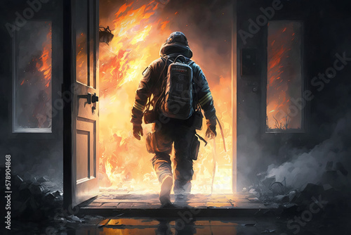 lllustration of firefighter running into a burning building