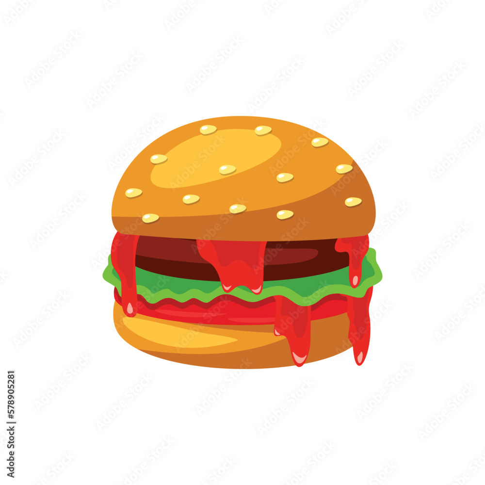 Spicy burger with melted sauce vector illustration, isolated on white background Spicy burger with melted sauce vector illustration, isolated on white background