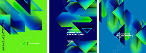 Vector set of abstract geometric poster backgrounds, colorful shapes with fluid colors. Collection of covers, templates, flyers, placards, brochures, banners