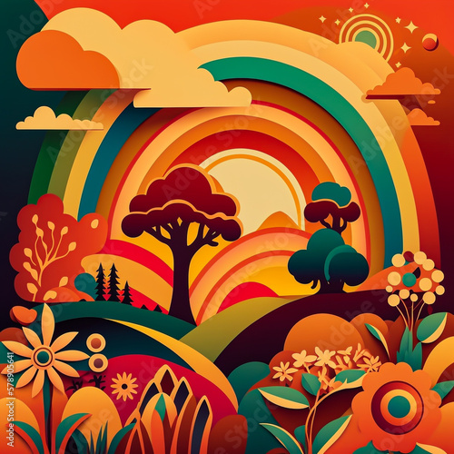 An abstract illustration of a landscape with a sunset and a rainbow, featuring flowers and psychedelic patterns in the foreground. Generative AI. © TimeShops