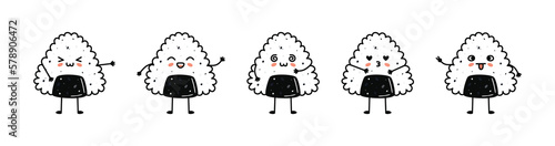 Set of kawaii onigiri sushi mascots in cartoon style
