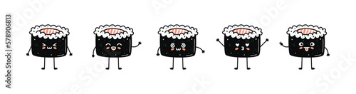 Set of kawaii maki sushi mascots in cartoon style