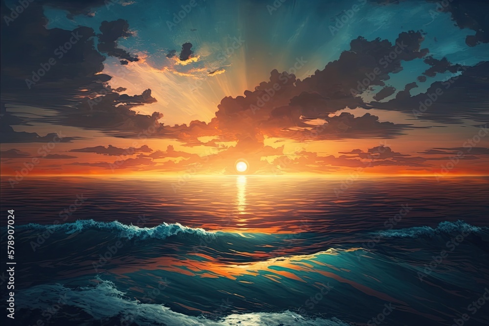 Motivating sunset over a serene sea. Ocean and sky scene for contemplation. Vivid skyline above the ocean. Generative AI