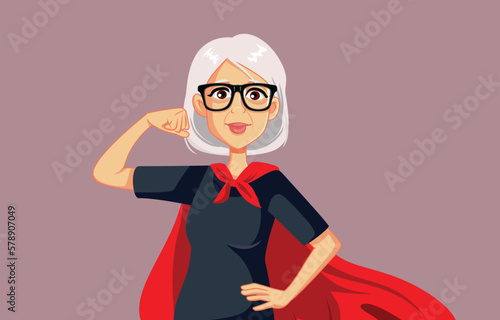 Superhero Granny Feeling Powerful and Strong Vector Cartoon. Elderly grandmother being confident and healthy
