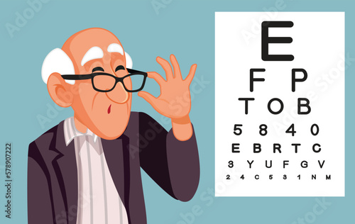 Senior Patient Squinting During Eye Examination Vector Medical Illustration. Elderly person having a poor vision trying on eyeglasses
