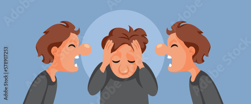 Stressed Man Dealing with Mental Health Problems Vector Concept Illustration. Upset guy feeling depressed hearing multiple voices

