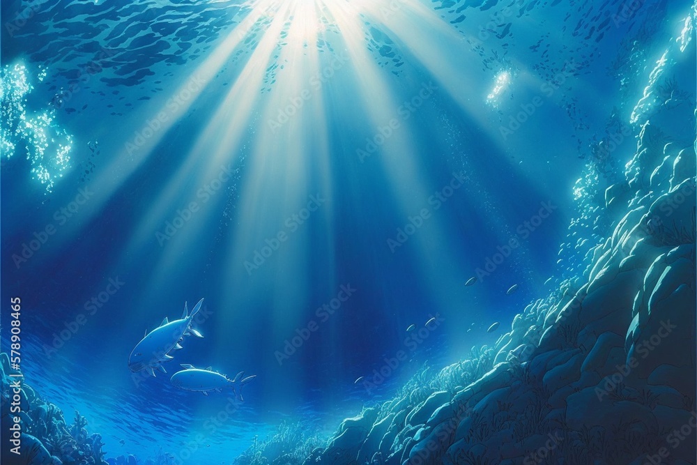 Fototapeta premium 水中 光 海底 魚 海 太陽 深海 泡 海藻 洞窟 青, generative ai