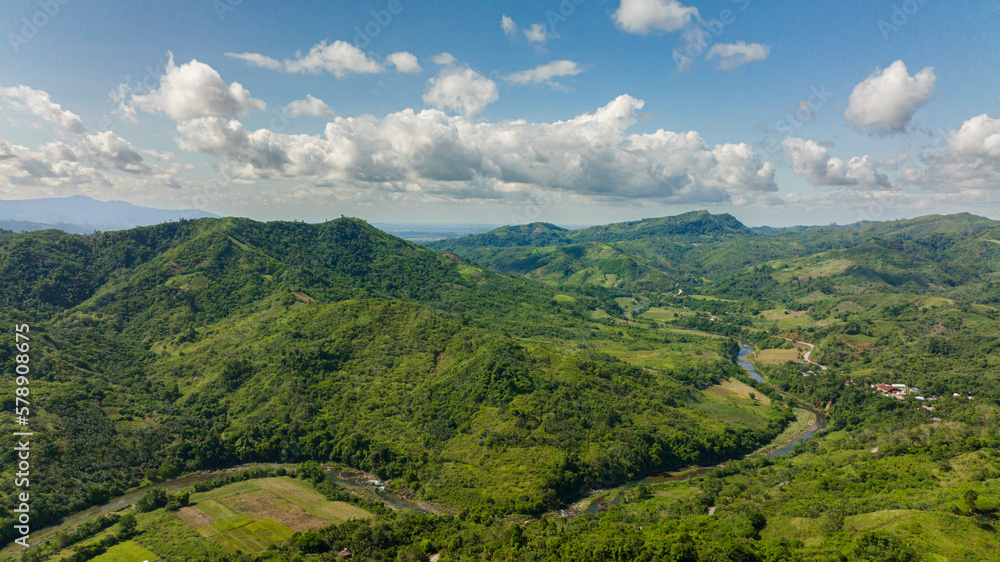 Tropical landscape with mountains and hills view from above. Philippines.
